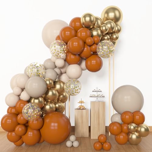 Amandir 번트 오렌지 풍선 가랜드 아치 키트, 다양한 사이즈 45.7cm(18인치), 30.5cm(12인치), 25.4cm(10인치), 12.7cm(5인치), 화이트 샌드 누드 라텍스 메탈릭 골드 색종이 조각, 가을 추수감사절 풍선, 베이비 샤워, 생일 파티 장식용 - color: 번트 오렌지.