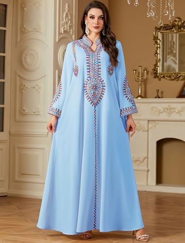 ABEWIP Muslim Dresses for Women Ramadan Kimono Long Sleeve Embroidered Islamic Prayer Dress Turkey Dubai Eid Abaya Kaftan - color: Blue, size: Medium
