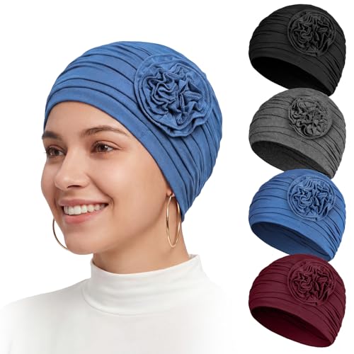 JenPen 4 Pcs Cotton Chemo Headwear for Women Turban Soft Cancer Head Scarf Hats Beanie Elastic Hair Wraps - color: Black, Gray, Wine Red, Blue
