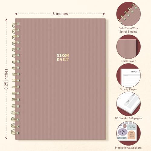 Sweetzer & Orange 2026 Planner – 6" x 8.25" Dated Daily, Weekly & Monthly Calendar Planner – January to December 2026 – Tiramisu Design with Motivational Stickers, Gold Spiral & Sturdy Paper - color: Tiramisu