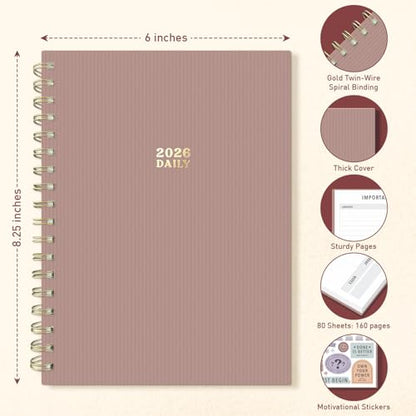 Sweetzer & Orange 2026 Planner – 6" x 8.25" Dated Daily, Weekly & Monthly Calendar Planner – January to December 2026 – Tiramisu Design with Motivational Stickers, Gold Spiral & Sturdy Paper - color: Tiramisu