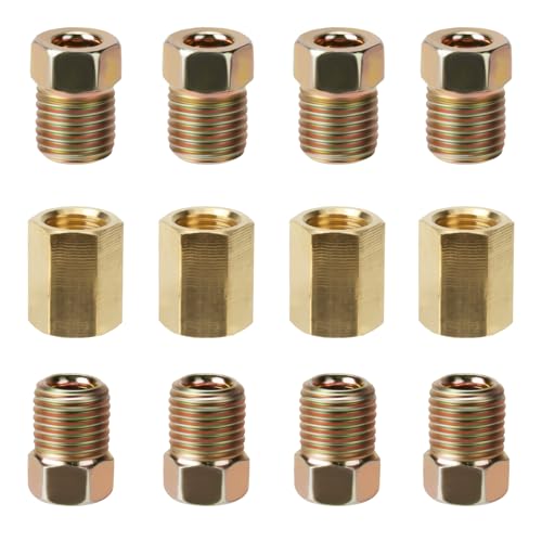 3/16 Brake Line Pressure Fittings, 12 Pieces 3/8 Inch Brake Line Fittings | 24 Threads Brass Brake Line Fitting Assortment for 3/16 Inch Brake Line Tube (4 Unions, 8 Nuts) - size: 3/8 Inch (pack of 1)