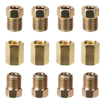 3/16 Brake Line Pressure Fittings, 12 Pieces 3/8 Inch Brake Line Fittings | 24 Threads Brass Brake Line Fitting Assortment for 3/16 Inch Brake Line Tube (4 Unions, 8 Nuts) - size: 3/8 Inch (pack of 1)
