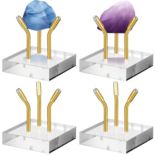Weysat 4 Pack Clear Acrylic Display Stand, Metal 3 Peg Rock Display Easel Stands for Fossil Coral Crystal Geodes Rock Mineral Agate Small Collectibles Acrylic Holder(1.6”x1.6”x1.6”,Gold) - color: Gold, size: 1.6”x1.6”x1.6”