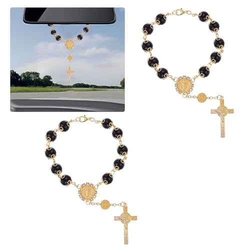 ZIMISI 2PCS Car Rosary for Rearview Mirrors, Personalized Blessing Automotive Rear View Mirror Charm, Cross Rosary Hanging Ornament, Car Mirror Hanging Accessories for Women Men (Black) - color: Black