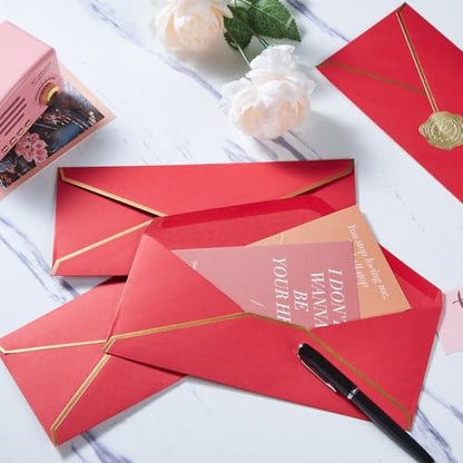 100 Pack #10 Business Envelopes with Gold Stickers, Red - color: Red