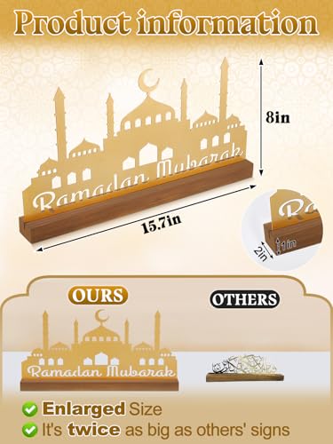 Enlarged 15.7in Metal Ramadan Table Sign - Eid Mubarak Tabletop Decorations, Muslim Golden Palace Dinner Ornaments for Islamic Gifts Parties Home Kitchen, Hollow Letters - style: Hollow Letters