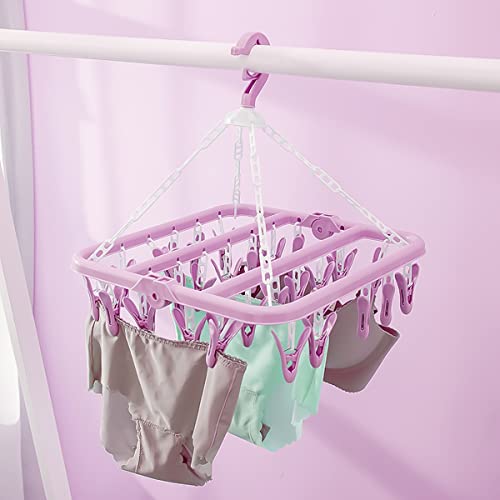 SteelFever Clothes Drying Hanger with 32 Clips, Foldable Hanging Drying Rack for Clothes Underwear Socks (Purple) - color: Purple