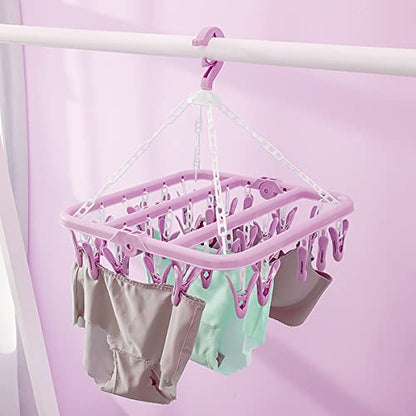 SteelFever Clothes Drying Hanger with 32 Clips, Foldable Hanging Drying Rack for Clothes Underwear Socks (Purple) - color: Purple