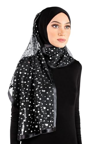 Stylish Mona Hijab Women's Black Kuwaiti with Chiffon Wrap Shawl & Satin Trim - color: Black With Silver Hearts