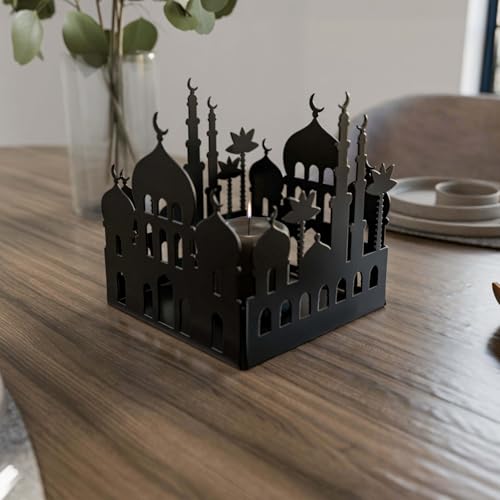 Metal Candle Holder with Masjid Motif Islamic Home Decor for Ramadan & Eid Dining Table Centerpiece Muslim Gift (Black) - color: Black