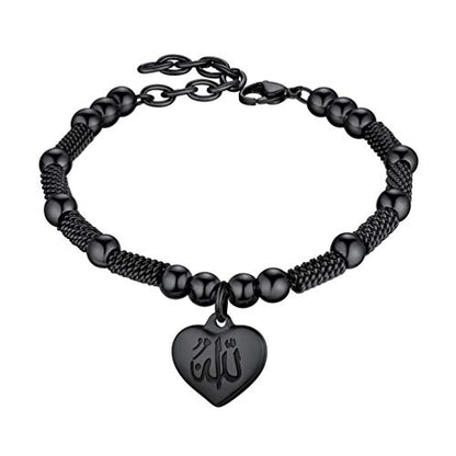 PROSTEEL Allah Bracelet, Muslim Islamic Jewelry Religious Islam Arabic God Charm Stainless Steel Beads Chain Bracelet, fits wrist from 5.9'' to 7.9'', Come with Box - color: 01 black-allah heart