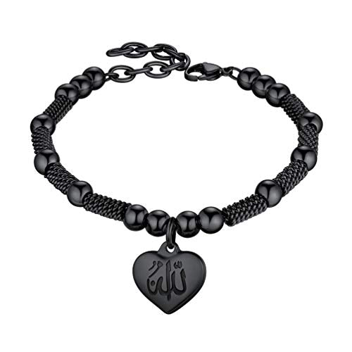 PROSTEEL Allah Bracelet, Muslim Islamic Jewelry Religious Islam Arabic God Charm Stainless Steel Beads Chain Bracelet, fits wrist from 5.9'' to 7.9'', Come with Box - color: 01 black-allah heart
