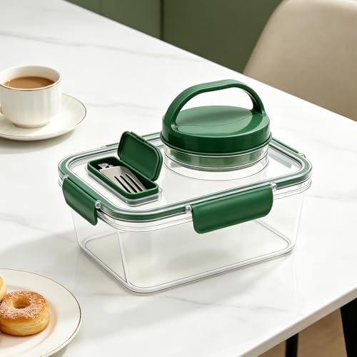 Salad Jar, Portable Salad Container with Leakproof 4 Sauce Cups and Utensil Storage for Lunch Picnic Family Gatherings (Rectangle)