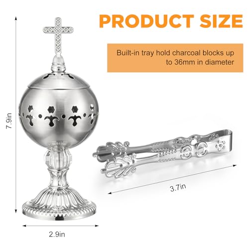 Zonon 1 Set Incense Burner with Tong, Frankincense Charcoal Incense Stand Holder, Ideal for Yoga, Spa, Aromatherapy, Home and Christian Church Censer (Silver,Retro) - color: Silver, size: Retro