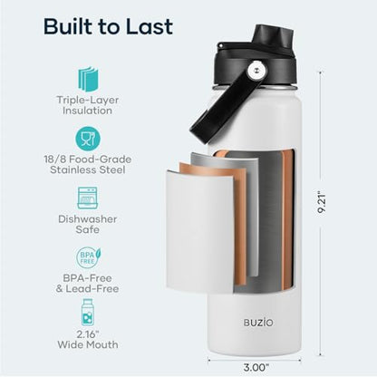 BUZIO 24 oz Water Bottle Insulated, Leakproof Stainless Steel Flask (Cold for 48 Hrs), Wide Mouth BPA-Free Metal Thermo Hydro Canteen with 2 Lids, White - color: White, size: 24 Ounces