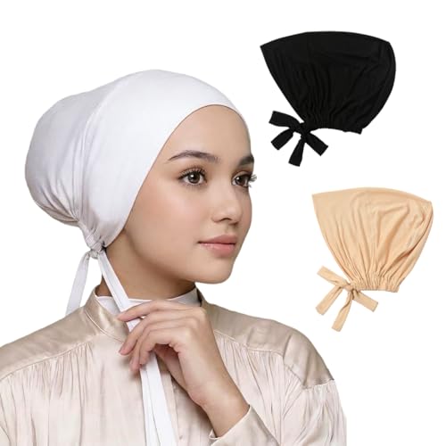 Yeieeo 3PC Muslim Hijab Undercap for Women, Stretch Tie-Back Inner Headscarf Bonnet, Soft Modal Headwear for Daily - color: Black+white+beige