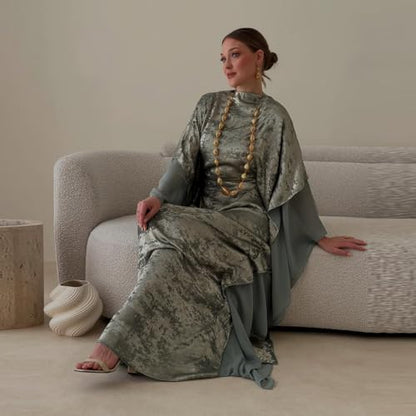 Kaftan Abaya Dubai Style Abaya Daily Smooth Flowy Muslim Dress Women Clothes - color: Grayish Green