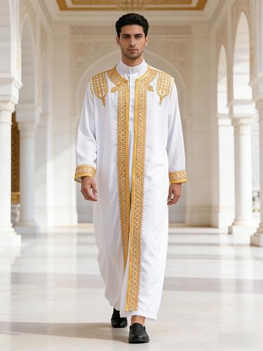 Men's Robe Muslim Clothes Muslim Islamic Pakistan Dubai Abaya Thobe Kaftan Robe Long Gown Ethnic Clothes - color: White, size: 60