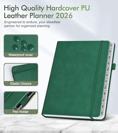 2026 Weekly & Monthly Planner, 12 Months Hardcover Planner from January 2026 - December 2026, Leather Agenda Organizer Book 2026 with Tabs, Daily Calendar Planners for Work School Home, A5 (5.75" x 8.38"), Green - color: Green