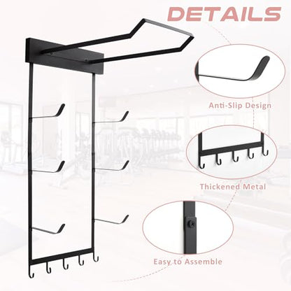 Geelin Yoga Mat and Ball Holder Wall Mount, 4-Tier Yoga Mat & Ball Storage Rack, Home Gym Organizer, Black Metal Floating Shelf for Hanging Foam Rollers & Resistance Bands (5 Hooks Style,Black) - color: Black