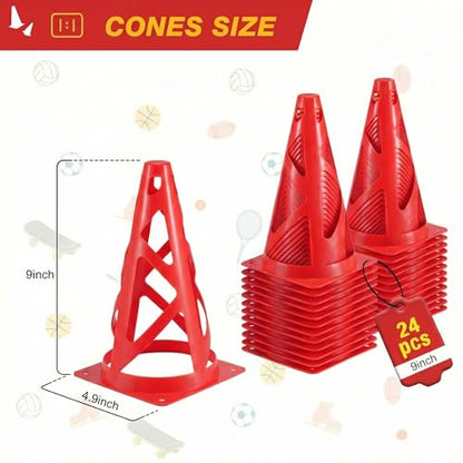 24 Pack Soccer Cones, 9 Inch Agility Cones for Soccer, Football, Basketball, Cones for Sports Training, Speed & Agility Drills, Field Marking Equipment - color: red