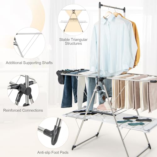 Tangkula Foldable Clothes Drying Rack, 2-Tier Laundry Drying Rack w/Tall Hanging Bar, Height Adjustable Gullwing, Freestanding Garment Stand for Indoor Outdoor Use - size: 54" x 25" x 72"