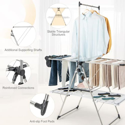 Tangkula Foldable Clothes Drying Rack, 2-Tier Laundry Drying Rack w/Tall Hanging Bar, Height Adjustable Gullwing, Freestanding Garment Stand for Indoor Outdoor Use - size: 54" x 25" x 72"