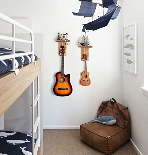 Keebofly Guitar Wall Mount Hanger with Rustic Wood Shelf- Single Pack, Wall Hook Rack for Acoustic/Electric Guitars, Bass & Ukulele, (Brown,Patented) - color: Single Pack_Rustic Brown
