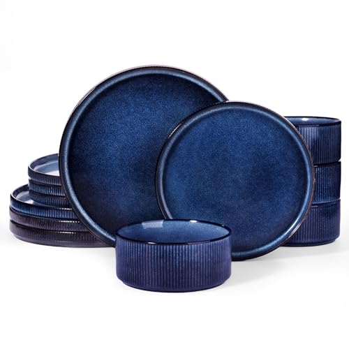 Famiware Star Stoneware Dinnerware Set, Reactive Glaze Plates & Bowls for 4 - color: Nebulas Blue