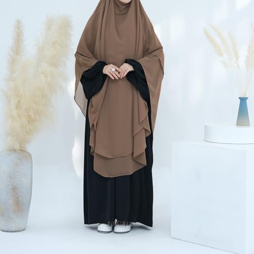 SYANKANGXIAO Ramadan Eid Khimar Abaya Turkey Islam Muslim Chiffon 2 Layers Long Hijab Dress Prayer for Women Full Cover Robe - color: Khaki