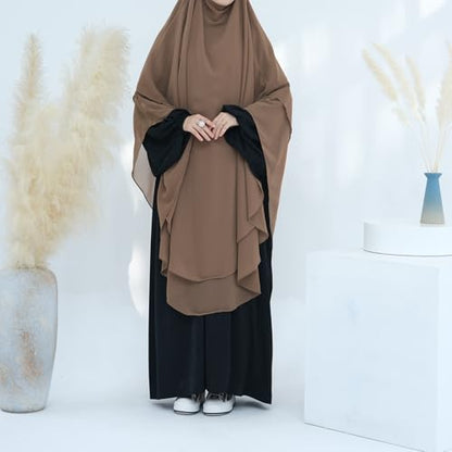 SYANKANGXIAO Ramadan Eid Khimar Abaya Turkey Islam Muslim Chiffon 2 Layers Long Hijab Dress Prayer for Women Full Cover Robe - color: Khaki