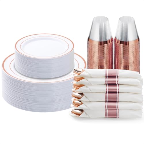 BESTVIP 175PCS Rose Gold Plastic Dinnerware Set, Disposable Party Plates for 25 Guests, Include: 50 Plastic Plates, 25 Pre Rolled Napkins with Rose Gold Silverware, 25 Cups for Christmas, Halloween - color: Rose Gold, size: 25 Guests