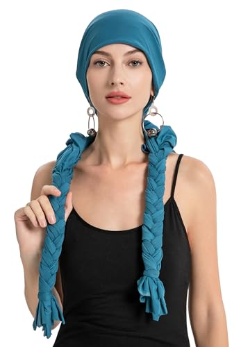 ZLYC Chemo Headwear Long Pre Tied Head Scarf Beanie for Women - color: Braid Different Blue