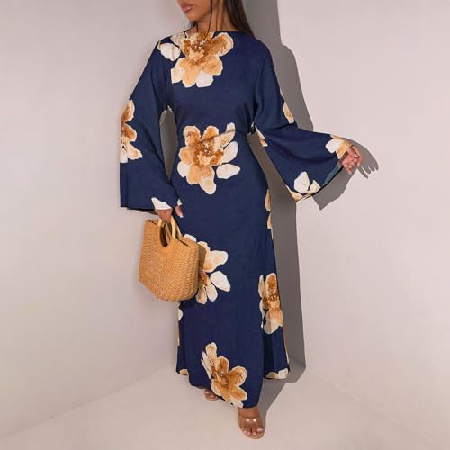 FYMNSI Womens Muslim Dresses Bell Sleeve Floral Butterfly Abaya Modest Dubai Kaftan Islamic Dress Eid Ramadan Prayer Clothes - color: Dark Blue, size: X-Large