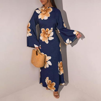 FYMNSI Womens Muslim Dresses Bell Sleeve Floral Butterfly Abaya Modest Dubai Kaftan Islamic Dress Eid Ramadan Prayer Clothes - color: Dark Blue, size: X-Large