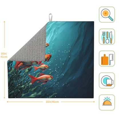Fish aquarium Dish Drying Mat for Kitchen Counter 18"x16" Super Absorbent Microfiber Dish Drying Pad Non-slip Drainer Mats Extra Large Dish Rack Pad Kitchen Drying Mat
