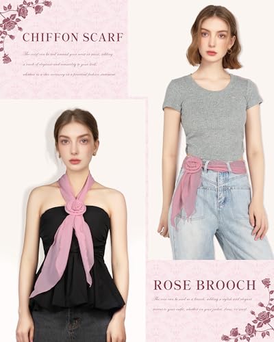 Chiffon Scarf for Women, Removable Flower Neck Scarf Light Soft Fashion Rose Scarves Versatile Headband or Hair Band - color: Dusty Pink