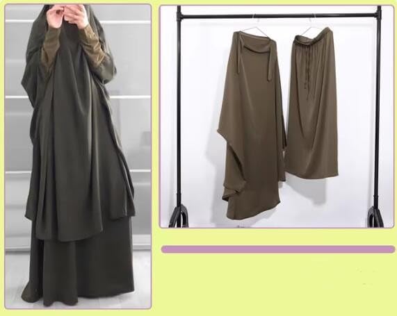 Womens Muslim Abaya Solid Prayer Dress Islamic Maxi Kaftan with Hijab Dubai Full Length 2 Piece Dress - color: Dark Green