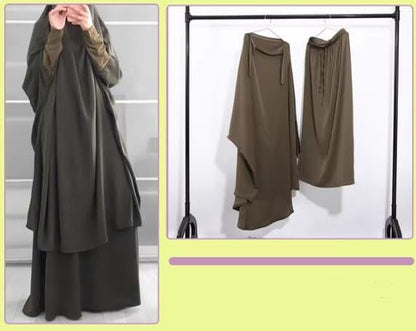 Womens Muslim Abaya Solid Prayer Dress Islamic Maxi Kaftan with Hijab Dubai Full Length 2 Piece Dress - color: Dark Green