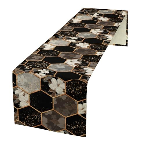 Geometric Marble Table Runner, Black Gold Hexagon White Flower Bloom Accent Table Runner for Kitchen Dining Party Wedding Decor, 13x36 Inch - color: Marble -15, size: W13"x L36"