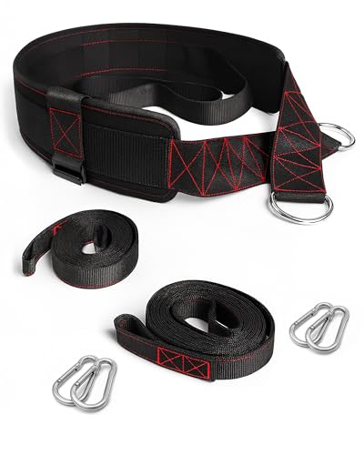 THEFITGUY Original Sled Pulling Belt for Sled Training | 2 straps (9.8ft), 4 hooks, rotates 360°. Fits most waists. For sled, resistance & agility training