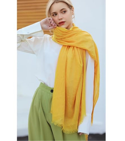 Solid color cotton and linen scarf, wrinkled all season versatile long sunscreen fashionable shawl - color: Light Turmeric