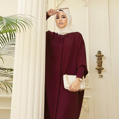 IKADEX Women Batwing Sleeve Abaya Button Loose Fit Long Maxi Muslim Dress Islamic Kaftan Prayer Robe - color: Wine Red