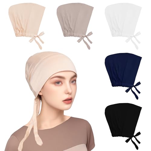 5Pcs Islamic Muslim Under Hijab Cap Inner UnderScarf for women Inner Under Scarf Hat Hijab Cap with Tie Back Closure - color: Black\blue\white\beige\khaki