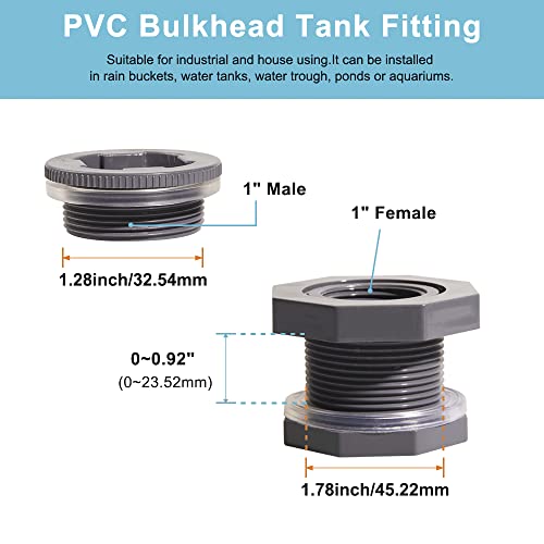 Ququyi 1 Inch PVC Bulkhead Water Tank Connector Adapter Fitting with Plugs Thru-Bulk Pipe Fitting for Rain Barrels, Aquariums, Ponds(Set of 3) - size: 1"-3pcs