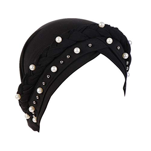 Fxhixiy Women Chemo Beanie Beaded Pearl Braid Turban Headwear for Hair Loss - color: Black