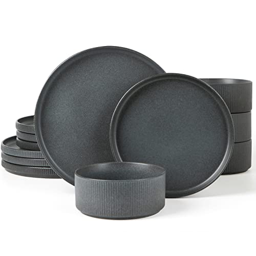 Famiware Star Stoneware Dinnerware Set, Reactive Glaze Plates & Bowls for 4 - color: Matte Dark Charcoal