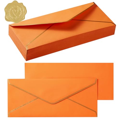 100 Pack #10 Business Envelopes with Gold Stickers, Dark Orange | Self Seal Standard Envelopes with Gold Border, 4 1/8 x 9 1/2 Inches, For Office, Checks, Letter Mailing, Invoices - color: Dark Orange