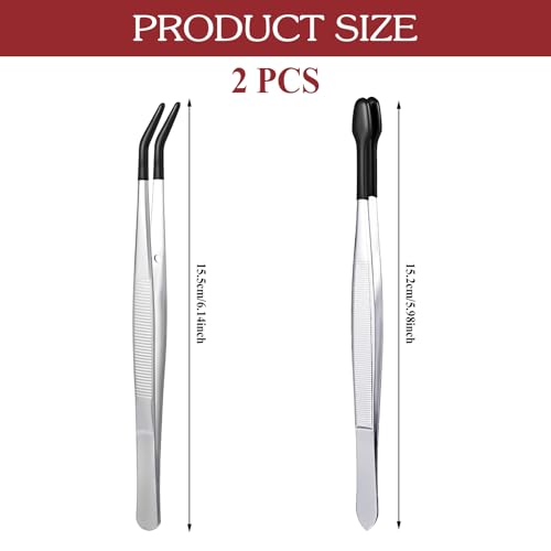 2 Pcs Tweezers with Rubber Tips, Curved Bent Tip Tweezers PVC Coated Tweezers Long Stainless Steel Tweezers Precision Tweezers Set for Crafts Stamps Jewelry Industrial Electronic Lab (Black)